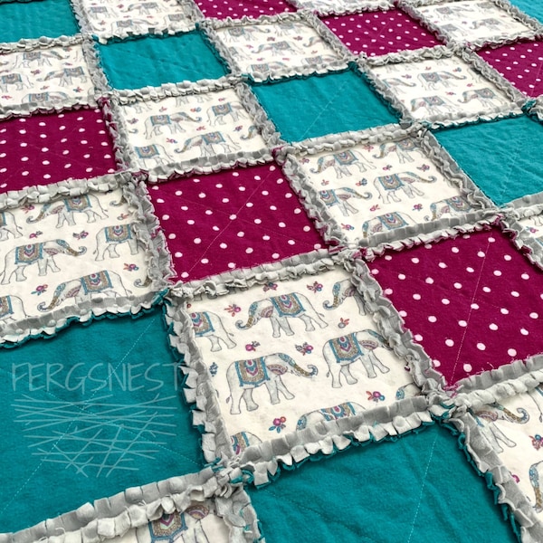 FREE SHIPPING Throw Size Elephant Rag Quilt, Indian Elephant Flannel Minky Blanket, Grey Purple Teal Bedding, Throw Blanket, Housewarming