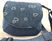 Repurposed cotton denim shoulder bag-medium sized purse-UpCycled jumper and skirt-repurposed-eco-friendly-washable-cotton saddle bag-hearts