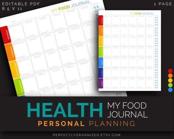 Health Fitness Diet Yoga Food Journal Menu Diary Calories Tracker Rainbow Editable Printable Planner Diy Household Pdf Printables - 