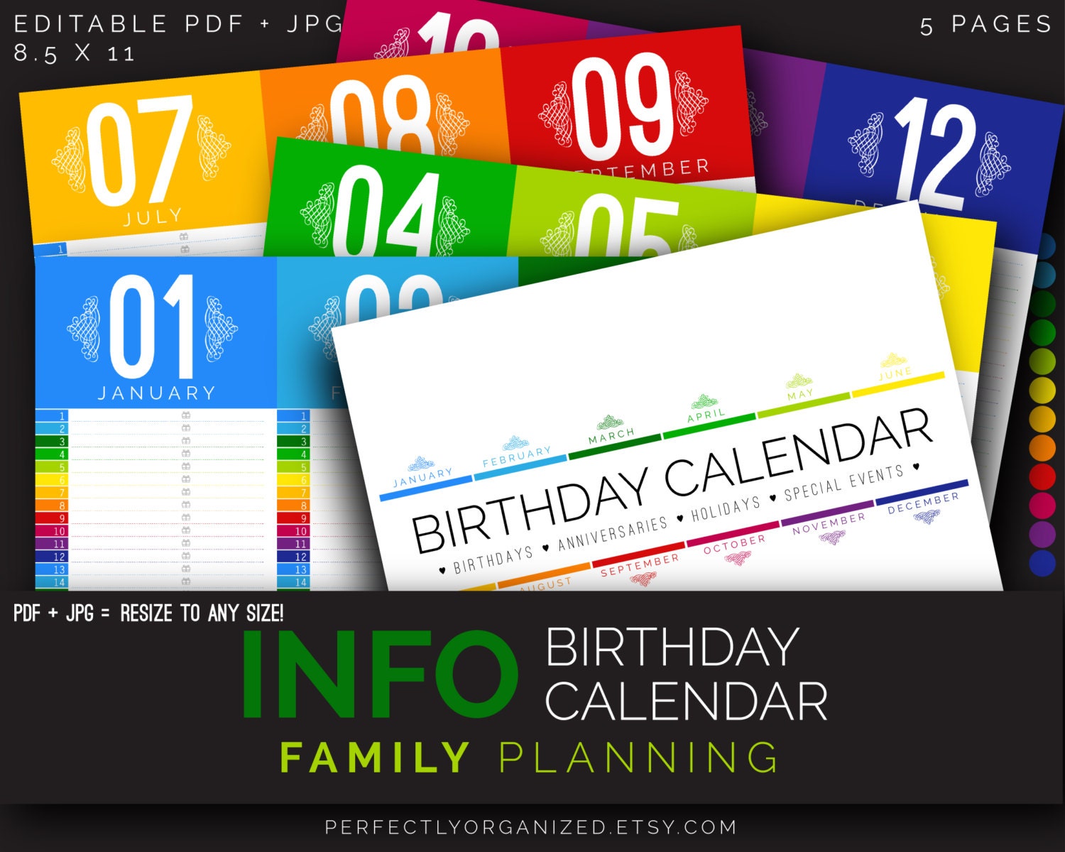 Colorful Birthday Calendar Birthday Planner Perpetual Etsy