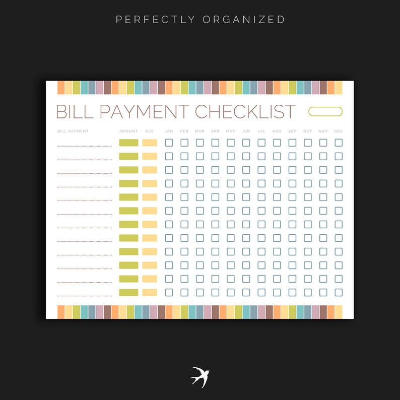 Monthly Bill Payment Tracker Bills Due Date Checklist Payday Etsy