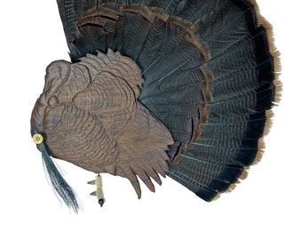May include: A wooden turkey decoy with a brown and black tail fan. The decoy has a realistic appearance and is designed for hunting.