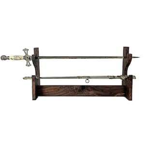 May include: A wooden sword display stand with two swords. The stand is dark brown wood with a simple design. The swords are silver with gold accents.