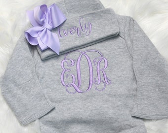 Personalized Newborn Gown & Hat Set with Bow Take Home Outfit