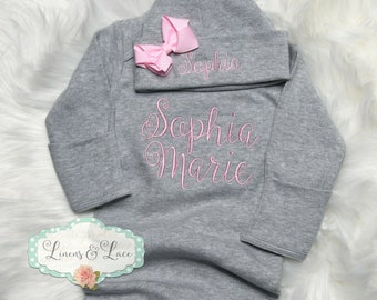 Personalized Newborn Gown & Hat Set with Bow Take Home Outfit