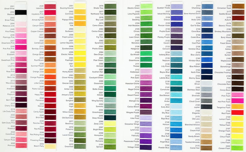 May include: A comprehensive colour chart displaying a wide range of thread shades. Each colour is identified by a number and name, spanning a spectrum from pinks and reds to greens, blues, and yellows, suitable for various craft applications.
