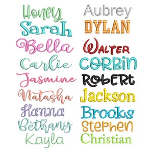 May include: A selection of embroidered names in diverse colours and fonts, such as "Honey", "Sarah", "Bella", "Carlie", "Jasmine", "Natasha", "Hanna", "Bethany", and "Kayla" on the left, and "Aubrey", "Dylan", "Walter", "Corbin", "Robert", "Jackson", "Brooks", "Stephen", and "Christian" on the right.