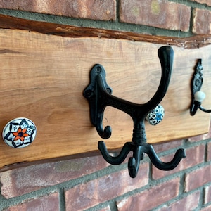 Live Edge Cherry Coat Rack – Handmade Solid Wood Wall Organizer with Ornate Cast Iron Hooks & Ceramic Knob Accents