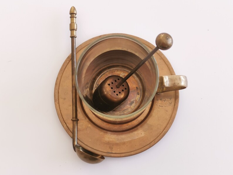 GALLO Vintage Brass Tea Set Holder German Glass Schott Mainz Jena With