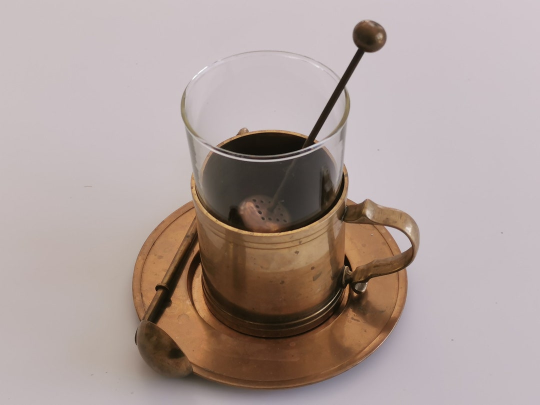 GALLO Vintage Brass Tea Set Holder German Glass Schott Mainz Jena With