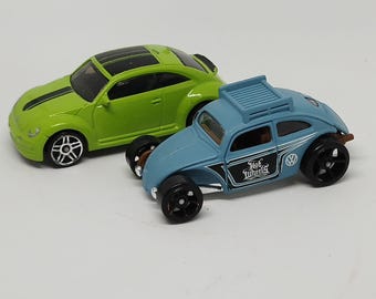Hot Wheels 1:64 Scale Lime Green and custom built Light Blue Volkswagen VW Bug Miniature Collectable Model Mattel Toy Cars (2012 and 2015)