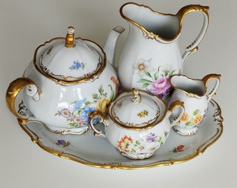 Tirschenreuth Bavaria Vintage Tea Serving Set Hand Painted Cobalt with Gold Encrusted details, Germany (c. 1960)