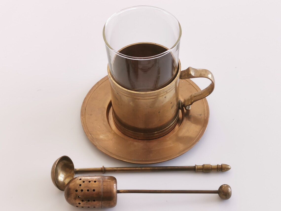 GALLO Vintage Brass Tea Set Holder German Glass Schott Mainz Jena With