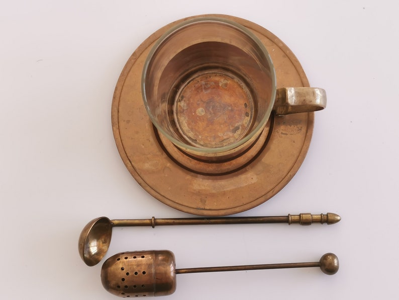 GALLO Vintage Brass Tea Set Holder German Glass Schott Mainz Jena With