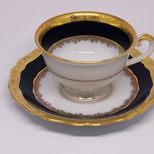 HUTSCHENREUTHER HOHENBERG Vintage Fine Bone Porcelain Gold Encrusted Blue and Black Cobalt Pedestal Cup and Saucer Set, Germany (c. 1940s)