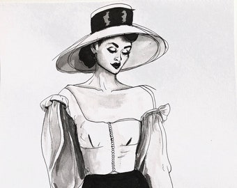 SALE* Vintage Retro 1950’s Style Original Artwork Fashion Illustration Wall Art Ink Sketch Drawing