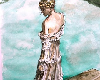 SALE-* Turquoise Fashion Illustration Original Wall Art Watercolor Painting