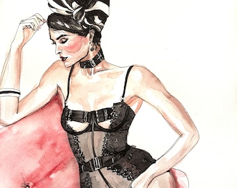 Lingerie Fashion Illustration Original Art Atelier Bordelle Watercolor Painting