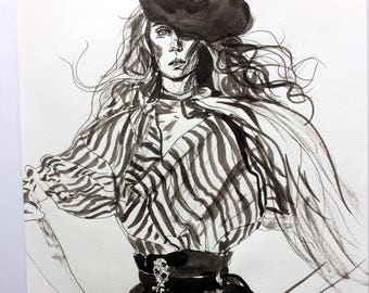 SALE* Stripe Fashion Editorial Illustration Original Wall Art Sketch Ink Drawing