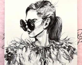 Ostrich Feather Sunglasses Girl Fashion Drawing Illustration Inktober Original Artwork Ink Sketch Wall Art