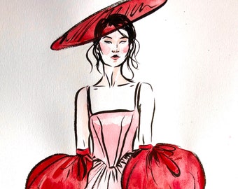 Fashion Illustration, Original Art Illustration, Watercolour, Wall Art, Ink, Sketch, Painting, Pink