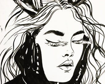 Latex Original Art Fashion Illustration Inktober Ink Drawing 'The Fawn'