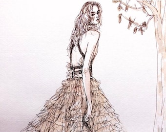 SALE* Fairytale Couture Fashion Editorial Original Art Illustration Wall Art Watercolor Sketch Painting Gown