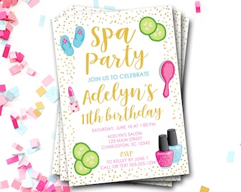 May include: A white invitation with gold glitter confetti and colorful spa-themed icons. The text reads "Spa Party" in gold letters, "Join us to celebrate Adelyn's 11th birthday" in gold letters, "Saturday, June 10 at 1:00 PM" in black letters, "Adelyn's Salon 123 Main Street Charleston, SC 12345" in black letters, "RSVP to Kelley by June 1 Call or text 555.555.1234" in black letters.