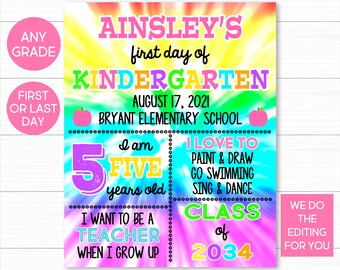 Tie Dye First Day of School Sign, Printable Chalkboard (Digital JPG)