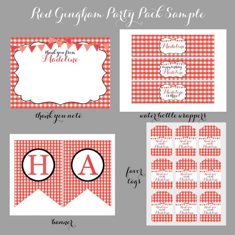May include: Red and white gingham party pack sample with a thank you note, water bottle wrappers, favor tags, and a banner that says "HA".