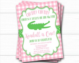 Alligator Girl Birthday Invitation: Pink Gingham Party (Printable)