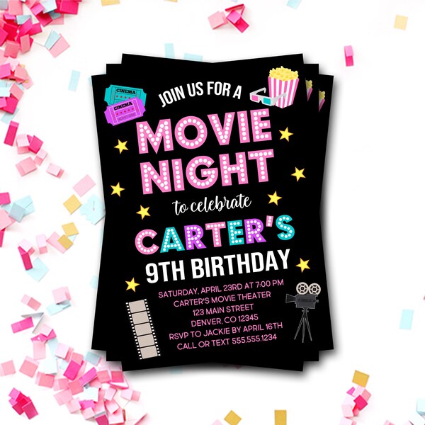 Movie Night Birthday Invitation: Cinema Party, Sleepover (Digital or Printed)