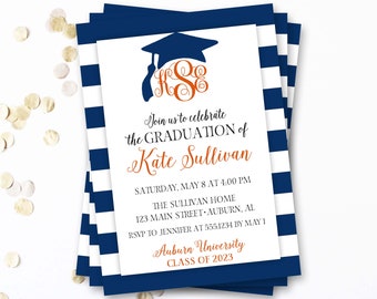 Monogram Graduation Invitation, Monogram Graduation Announcement, Navy and Orange Graduation Invitation, Grad Announcement, Grad Party