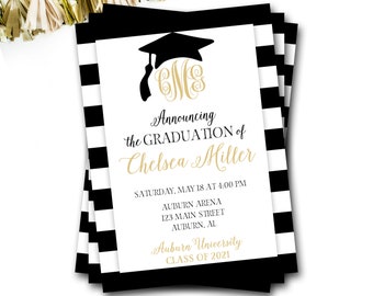 Monogram Graduation Announcement, Monogram Graduation Invitation, Black and Gold Graduation, Grad Announcement, Grad Party, Graduation Cap