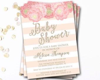 Pink Floral Baby Shower Invitation, Gold Glitter (Printable)