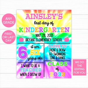 Panneau dernier jour d&#39;école à imprimer, tie-dye dernier jour d&#39;école, panneau école Tie Dye, tableau dernier jour d&#39;école, tableau imprimable