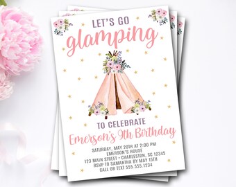 Glamping Birthday Invitation: Camping Party, Sleepover Invite (Digital or Printed)