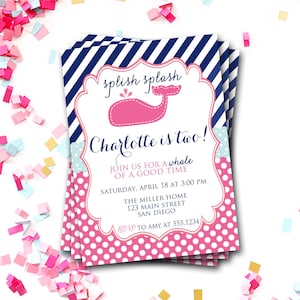 Whale Birthday Invitation, Pink Whale Birthday Invitation, Under The Sea, Ocean Birthday Invitation, Nautical Invitation, Pink Whale Invite