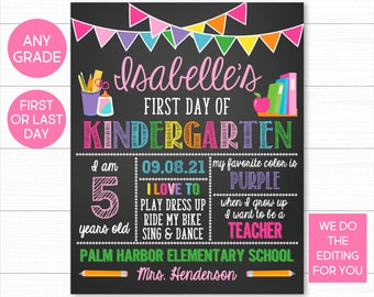 Può includere: Un cartello colorato per la prima giornata di scuola materna. Il cartello presenta il nome "Isabelle's" e la data "09.08.21". Include anche dettagli sull'età del bambino, il suo colore preferito e cosa gli piace fare.