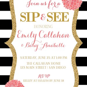 Sip and See Invitation, Sip and See Baby Shower Invitation, Sip & See Invitation, Pink And Gold Baby Shower, Pink and Gold Sip and See image 2