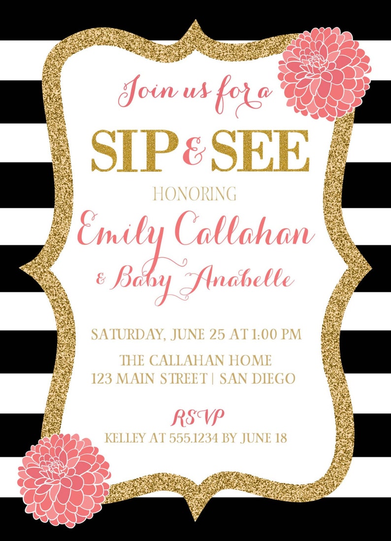 Sip and See Invitation, Sip and See Baby Shower Invitation, Sip & See Invitation, Pink And Gold Baby Shower, Pink and Gold Sip and See image 2