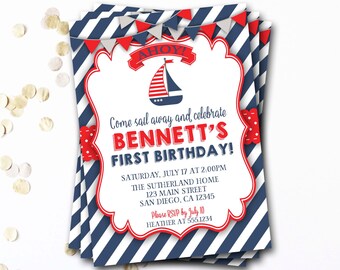 Nautical Birthday Invitation, Nautical First Birthday, Sailboat Birthday Invitation, Sail Away Birthday, Nautical Invitation, Ocean Birthday