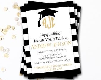 Monogram Graduation Invitation, Monogram Graduation Announcement, Black and Gold Graduation Invitation, Graduation Party, Class of 2023