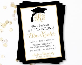 Monogram Graduation Invitation, Monogram Graduation Announcement, Black and Gold Graduation Invitation, Graduation Announcement, Grad Party