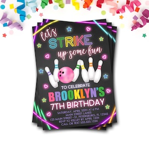Bowling Birthday Invitation, Bowling Invitation, Bowling Party, Bowling Invite, Strike Up Some Fun, Neon Birthday, Glow Birthday, Bowling
