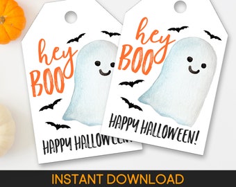 May include: Two white Halloween gift tags with a watercolor ghost illustration, the words "hey BOO" in orange, and "HAPPY HALLOWEEN!" in black. Black bat silhouettes are scattered around the ghost. The words "INSTANT DOWNLOAD" are at the bottom.