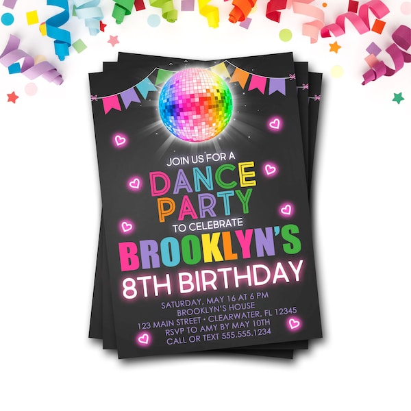 Dance Party Birthday Invitation, Dance Party Invitation, Glow Dance Party, Neon Dance Party, Rainbow Birthday, Neon Birthday, Glow Birthday