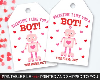 Valentine's Day Tag, Robot Valentine's Tag, Pink Robot Valentine Tag, Personalized Valentine's Tag, Valentine Printable or Printed Tags