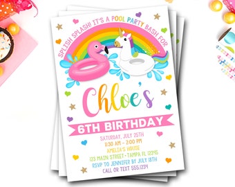 Unicorn Pool Party Birthday Invitation, Flamingo Pool Party Invitation, Unicorn Birthday, Flamingo Birthday, Rainbow Birthday Invitation