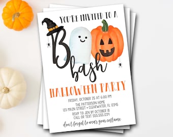 May include: Halloween party invitation with the text "You're Invited to a Boo Bash". The design includes a ghost, a jack-o'-lantern, and a witch's hat. The invitation also includes the date, time, and location of the party.
